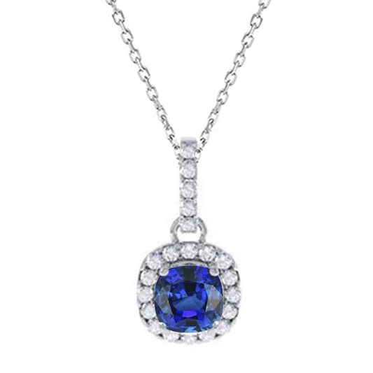 Halo Pendant Cushion Ceylon Sapphire & Round Diamond 3.25 Carats - Gemstone Pendant-harrychadent.ca