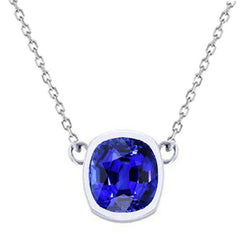 Solitaire Pendant Bezel Set Cushion Blue Sapphire Dog Ear 3 Carats