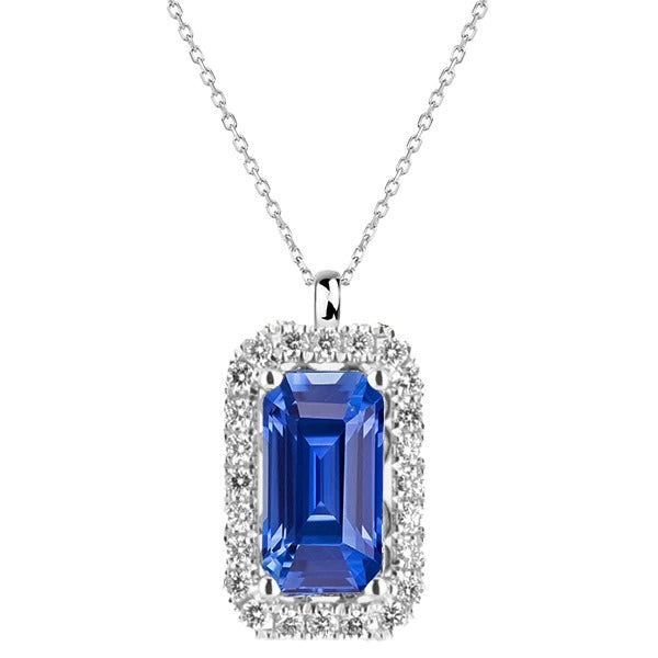 4.25 Carats Halo Emerald Sri Lankan Sapphire & Diamond Pendant Gold - Gemstone Pendant-harrychadent.ca