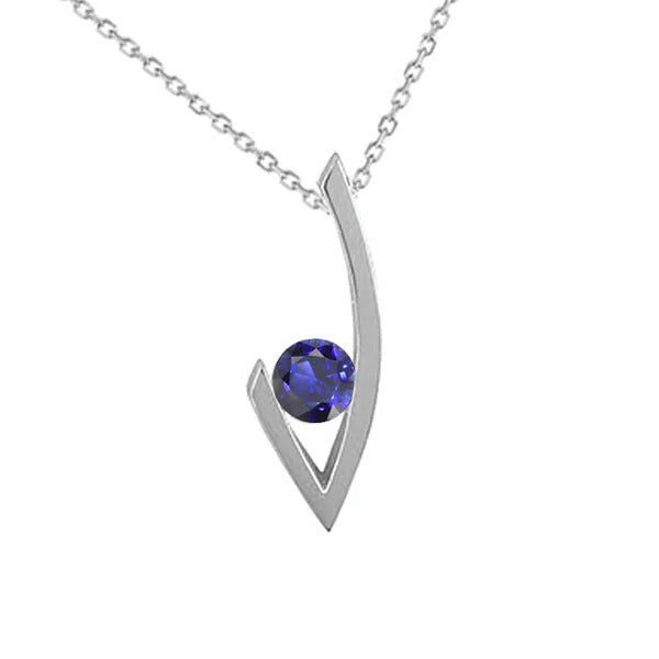 Round Blue Sapphire Solitaire V Pendant White Gold Jewelry 1 Carat - Gemstone Pendant-harrychadent.ca