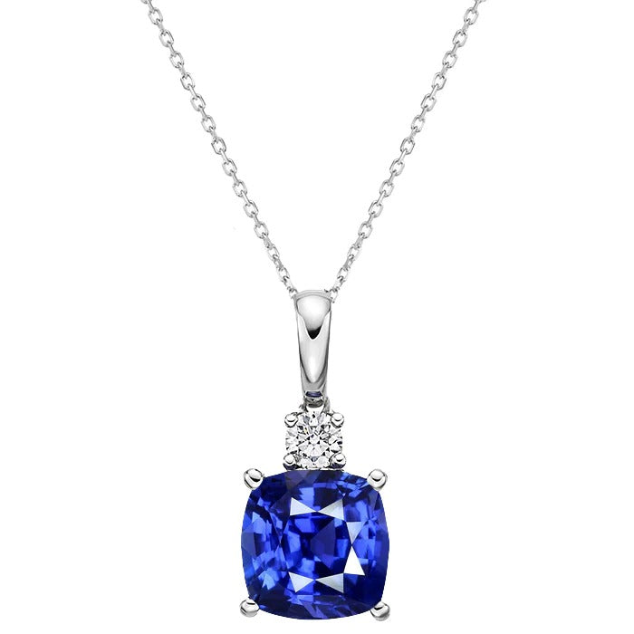 Cushion Blue Sapphire & Round Diamond Pendant With Chain 2.75 Carats - Gemstone Pendant-harrychadent.ca