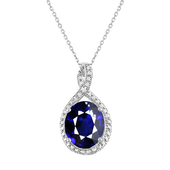 Halo Oval Blue Sapphire & Diamond Pendant Twisted Style 4.25 Carats - Gemstone Pendant-harrychadent.ca