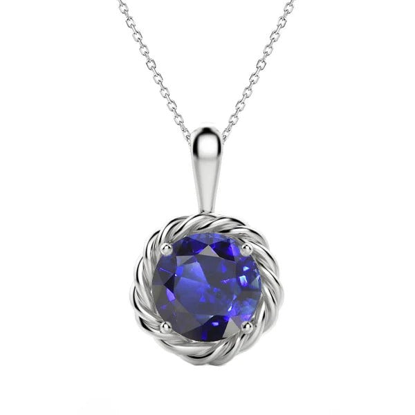 Solitaire Pendant Round Ceylon Sapphire Rope Style Gold 2 Carats - Gemstone Pendant-harrychadent.ca