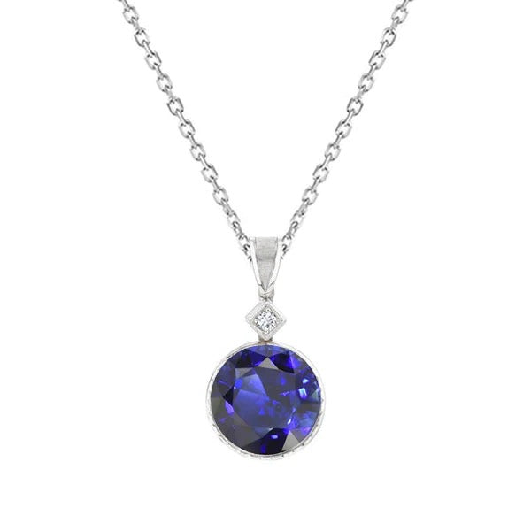 Round Natural Blue Sapphire & Diamond Pendant 2 Stones 1.75 Carats - Gemstone Pendant-harrychadent.ca