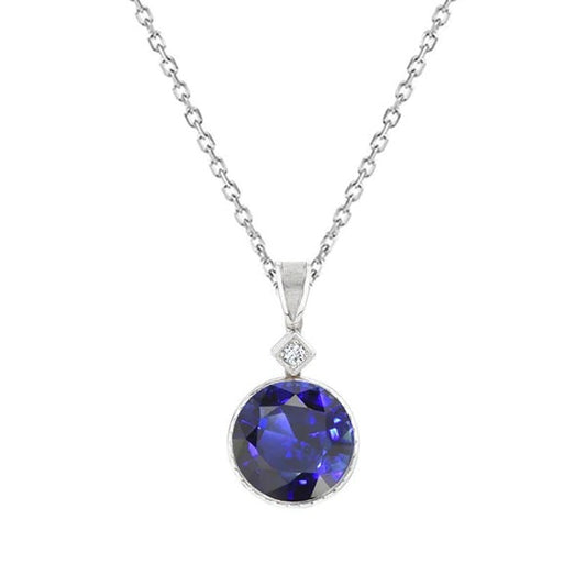 Round Natural Blue Sapphire & Diamond Pendant 2 Stones 1.75 Carats - Gemstone Pendant-harrychadent.ca