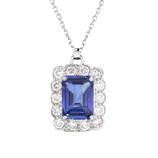 Halo Emerald Blue Sapphire & Diamond Pendant Flower Style 4.25 Carats - Gemstone Pendant-harrychadent.ca