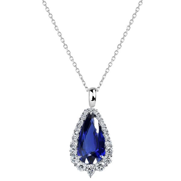 Pear Sri Lankan Sapphire Halo Teardrop Pendant & Diamond 2.75 Carats - Gemstone Pendant-harrychadent.ca