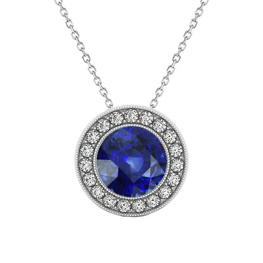 Halo Round Ceylon Sapphire & Diamond Pendant Bezel Set 3.75 Carats - Gemstone Pendant-harrychadent.ca