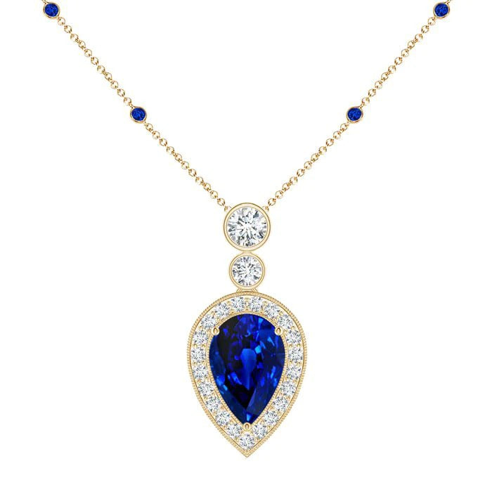 Diamond Halo Pendant Round & Pear Ceylon Sapphire 2.50 Carats - Gemstone Pendant-harrychadent.ca