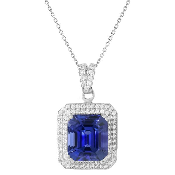 Diamond Double Halo Pendant Emerald Ceylon Sapphire 3.75 Carats - Gemstone Pendant-harrychadent.ca