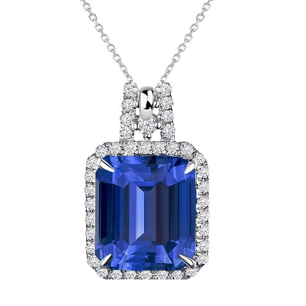 Halo Pendant Gemstone & Diamond 4 Prong Set Necklace 5.75 Carats - Gemstone Pendant-harrychadent.ca