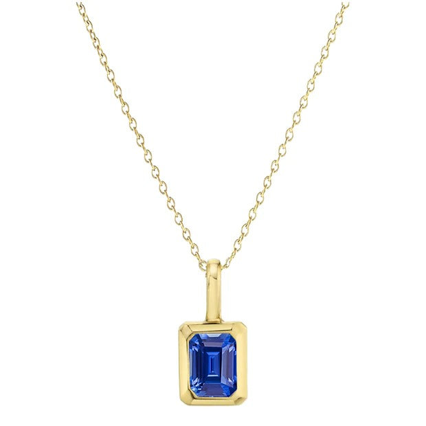 Yellow Gold Solitaire Pendant Emerald Blue Sapphire Bezel Set 1 Carat - Gemstone Pendant-harrychadent.ca