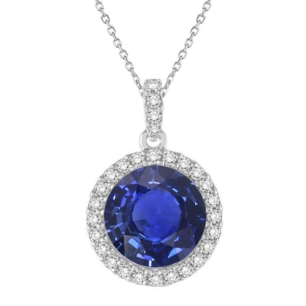 Halo Pendant Round Ceylon Sapphire Gold Women’s Jewelry 5.25 Carats - Gemstone Pendant-harrychadent.ca