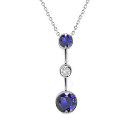 3 Stone Round Ceylon Sapphire & Natural Earth Mined Diamond Pendant Bezel Set 1.75 Carats