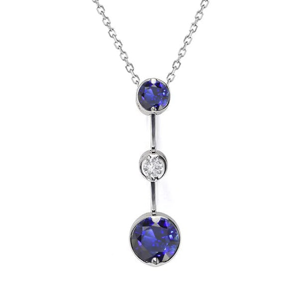 3 Stone Round Ceylon Sapphire & Diamond Pendant Bezel Set 1.75 Carats - Gemstone Pendant-harrychadent.ca