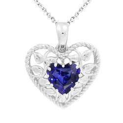 Solitaire Heart Blue Sapphire Pendant Rope Leaf Style 1.50 Carats
