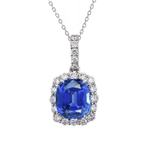 Cushion Blue Sapphire & Round Diamond Pendant With Chain 4.25 Carats - Gemstone Pendant-harrychadent.ca