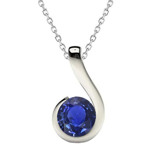 Solitaire Hook Pendant Round Ceylon Sapphire White Gold 2 Carats - Gemstone Pendant-harrychadent.ca