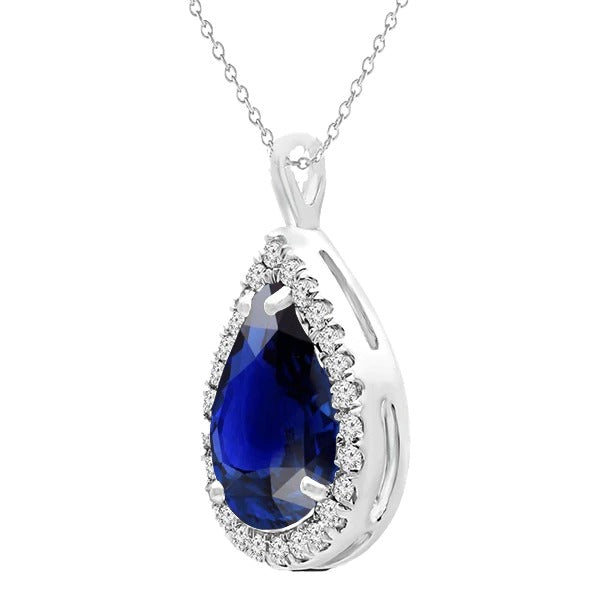 Pear Blue Sapphire & Round Diamond Pendant Basket Set 5.25 Carats - Gemstone Pendant-harrychadent.ca