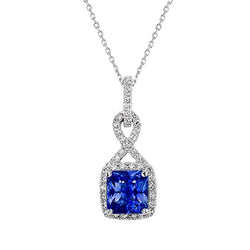 Cushion Blue Sapphire & Natural Earth Mined Diamond Halo Pendant Infinity Style 3 Carats