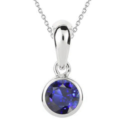 Gold Solitaire Round Dark Blue Sapphire Pendant Bezel Set 2 Carats