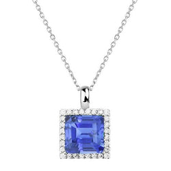 Halo Princess Light Blue Sapphire & Round Natural Earth Mined Diamond Pendant 1.75 Carats