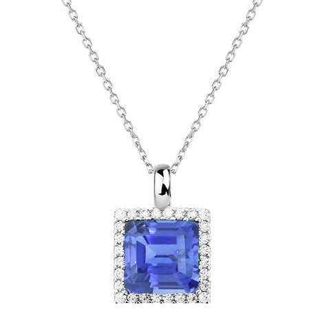 Halo Princess Light Blue Sapphire & Round Diamond Pendant 1.75 Carats - Gemstone Pendant-harrychadent.ca