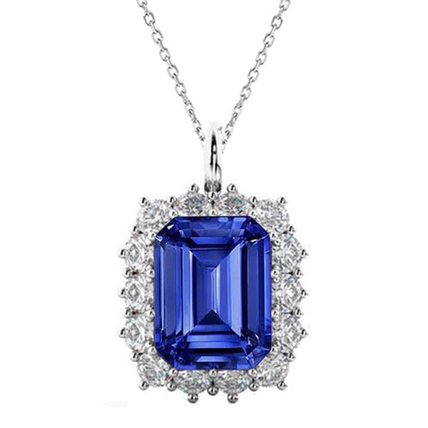 Halo Pendant Emerald Blue Sapphire & Diamond With Bail 6 Carats - Gemstone Pendant-harrychadent.ca