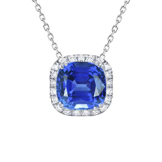 Cushion Sapphire & Round Diamond Halo Pendant Necklace 4.25 Carats - Gemstone Pendant-harrychadent.ca