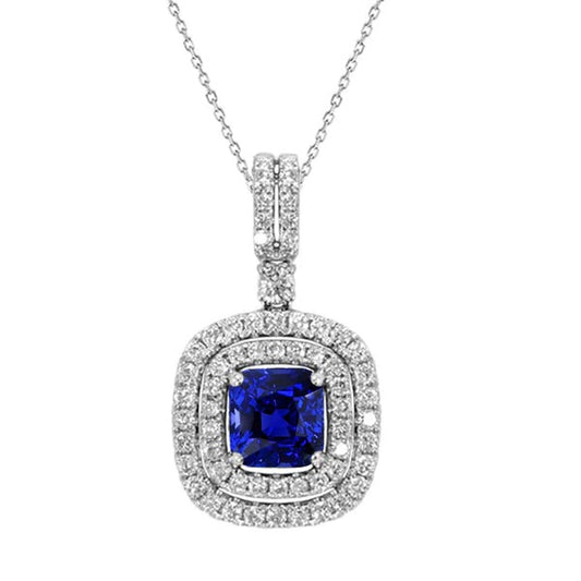 Cushion Sapphire & Diamond Double Halo Pendant Necklace 2.75 Carats - Gemstone Pendant-harrychadent.ca