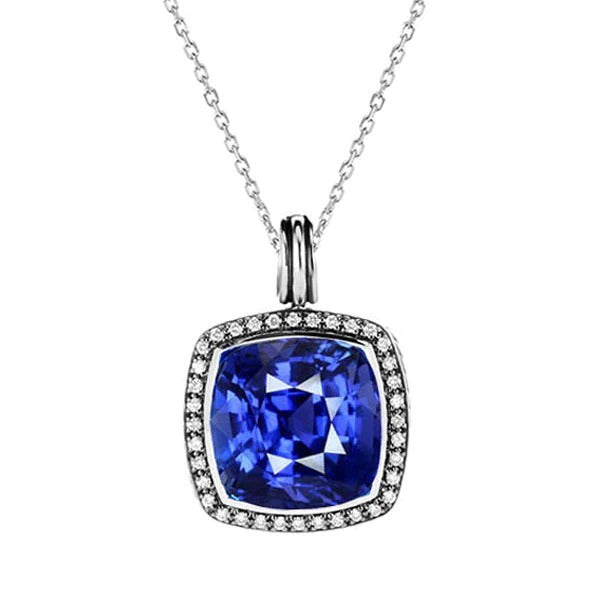 Cushion Sapphire & Round Diamond Halo Pendant 3.75 Carats 14K Gold - Gemstone Pendant-harrychadent.ca