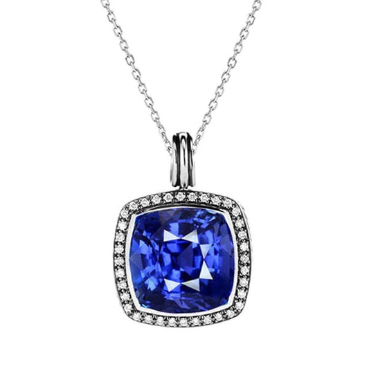 Cushion Sapphire & Round Diamond Halo Pendant 3.75 Carats 14K Gold - Gemstone Pendant-harrychadent.ca