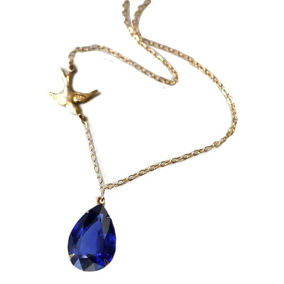 Solitaire Pear Blue Sapphire Pendant Bird Style 14K Gold 1 Carat - Gemstone Pendant-harrychadent.ca