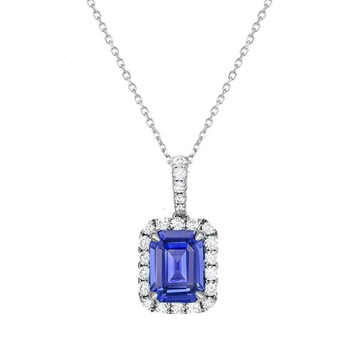 White Gold Halo Pendant Emerald Ceylon Sapphire & Diamond 2 Carats - Gemstone Pendant-harrychadent.ca