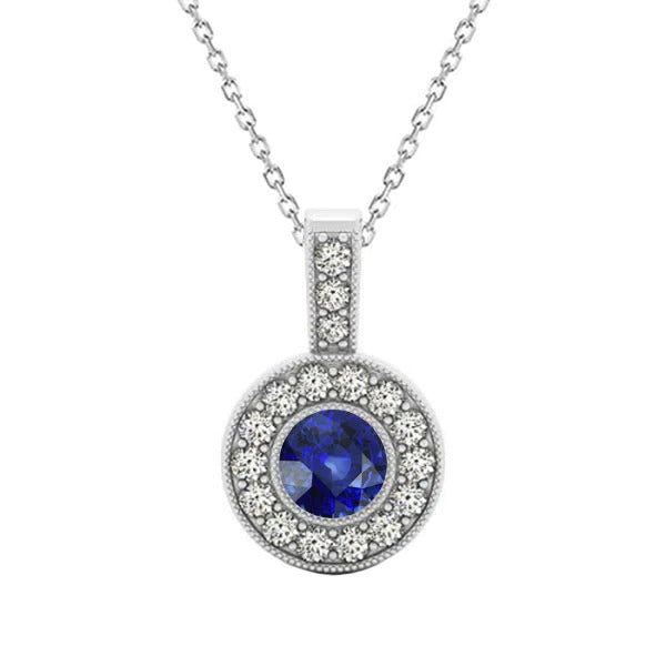 Halo Pendant Round Ceylon Sapphire Necklace Bezel Set 2.25 Carats - Gemstone Pendant-harrychadent.ca