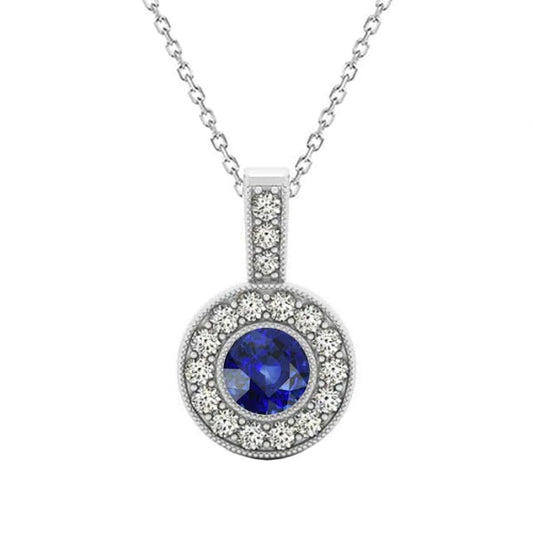 Halo Pendant Round Ceylon Sapphire Necklace Bezel Set 2.25 Carats - Gemstone Pendant-harrychadent.ca