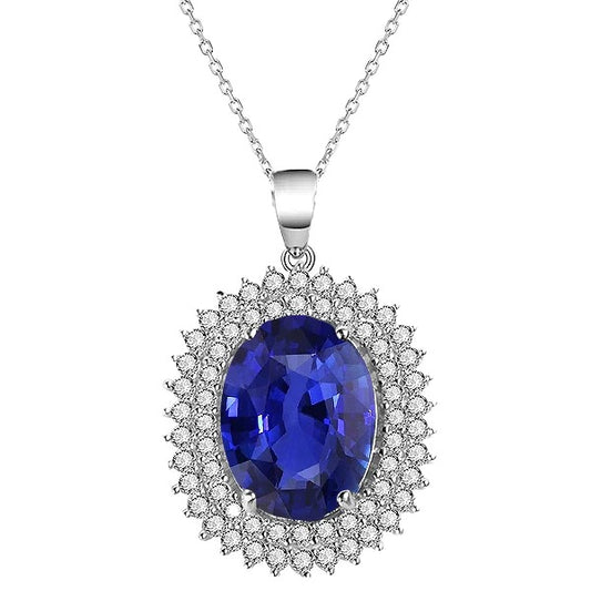 Double Halo Pendant Oval Dark Blue Sapphire & Diamond 4.75 Carats - Gemstone Pendant-harrychadent.ca