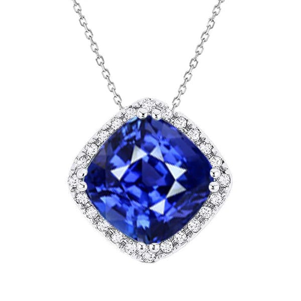 Halo Cushion Ceylon Sapphire Lady’s Pendant Gold 7.25 Carats - Gemstone Pendant-harrychadent.ca