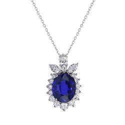Halo Pendant Oval Dark Blue Sapphire & Natural Earth Mined Diamond Necklace 2.25 Carats