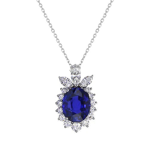 Halo Pendant Oval Dark Blue Sapphire & Diamond Necklace 2.25 Carats - Gemstone Pendant-harrychadent.ca