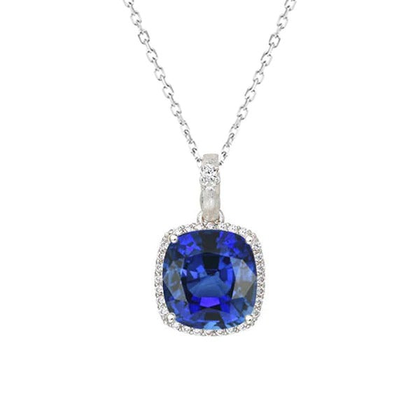 Halo Cushion Blue Sapphire & Diamond Pendant With Chain 4 Carats - Gemstone Pendant-harrychadent.ca