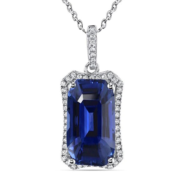 Emerald Ceylon Sapphire & Round Diamond Halo Pendant Gold 5.75 Carats - Gemstone Pendant-harrychadent.ca