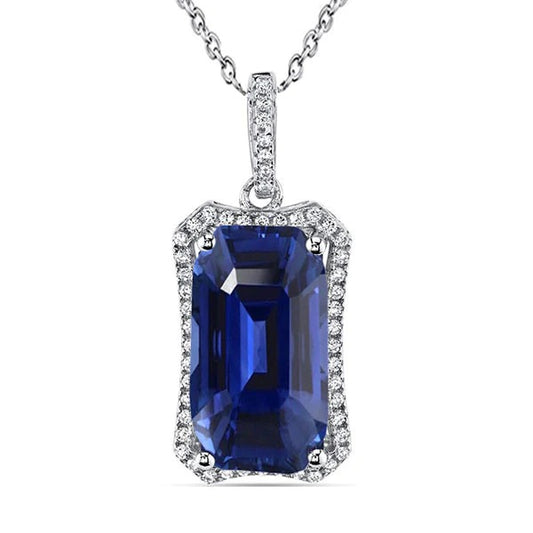 Emerald Ceylon Sapphire & Round Diamond Halo Pendant Gold 5.75 Carats - Gemstone Pendant-harrychadent.ca