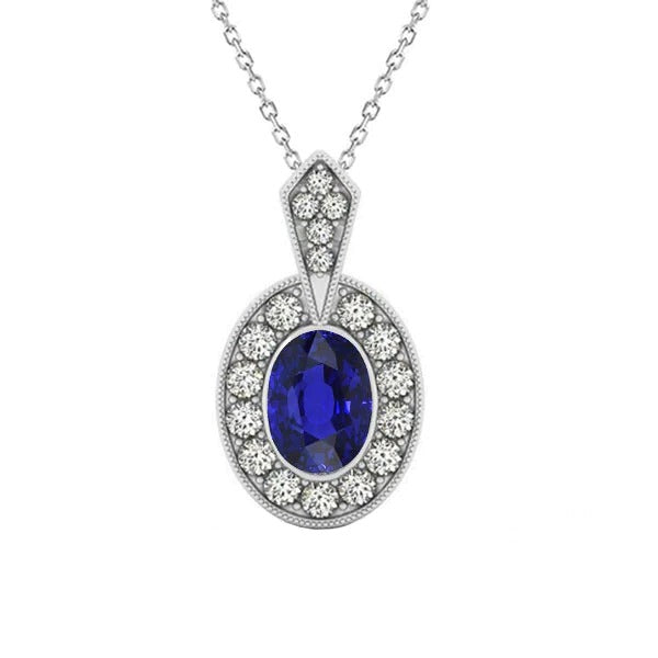 Halo Pendant Oval Dark Blue Sapphire Ladies Jewelry 2.25 Carats - Gemstone Pendant-harrychadent.ca