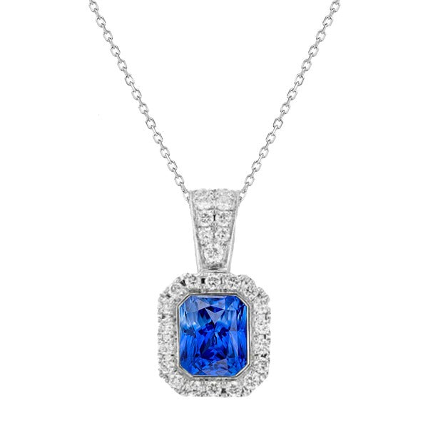 Women’s Halo Pendant Cushion Ceylon Sapphire & Diamond 2.25 Carats - Gemstone Pendant-harrychadent.ca