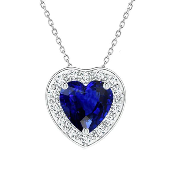 Halo Heart Ceylon Sapphire & Diamond Pendant Prong Set 5.50 Carats - Gemstone Pendant-harrychadent.ca