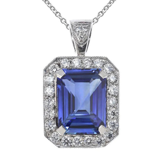 Diamond Halo Emerald Sapphire Pendant Antique Style 7.25 Carats - Gemstone Pendant-harrychadent.ca