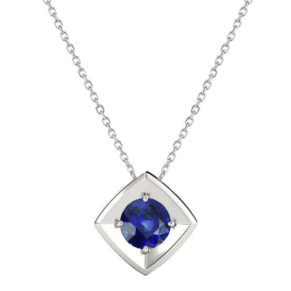 Round Ceylon Sapphire Solitaire Pendant Kite Style 14K Gold 1 Carat - Gemstone Pendant-harrychadent.ca