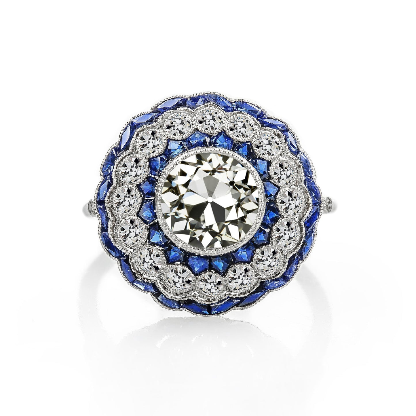 Art Deco Jewelry New Gold Halo Ring Old Cut Diamond & Blue Sapphire