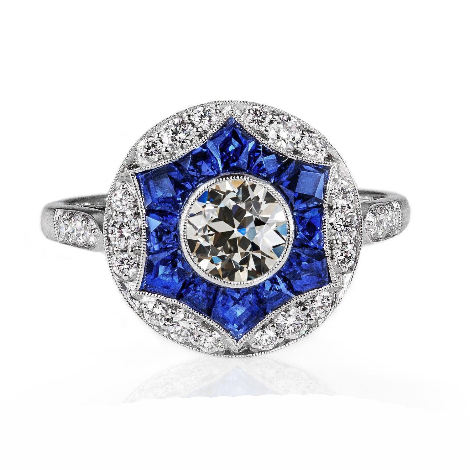 Art Deco Jewelry New Halo Old European Diamond Sapphire Ring